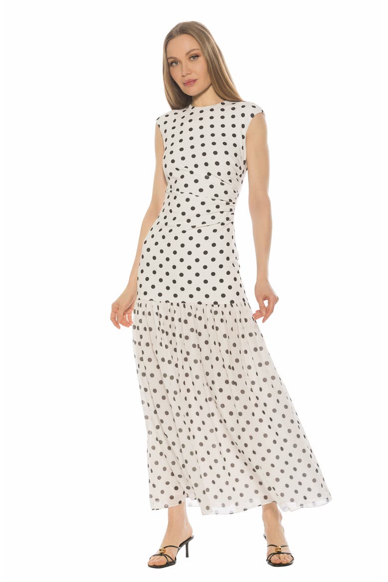 Caelen Cap Sleeve Drop Waist Maxi Dress, Alternate, color, IVORY POLKA