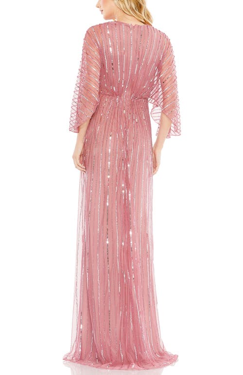 Mac Duggal Beaded Striping Kimono Sleeve V Neck Gown In Rosewood