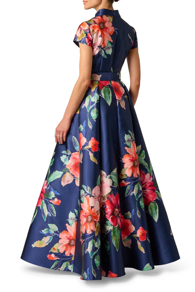 Floral Belted Mikado Gown, Alternate, color, NAVY MULTI