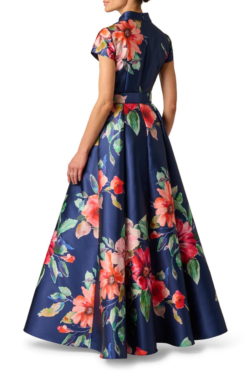 Adrianna Papell Floral Belted Mikado Gown, Alternate, color, Navy Multi