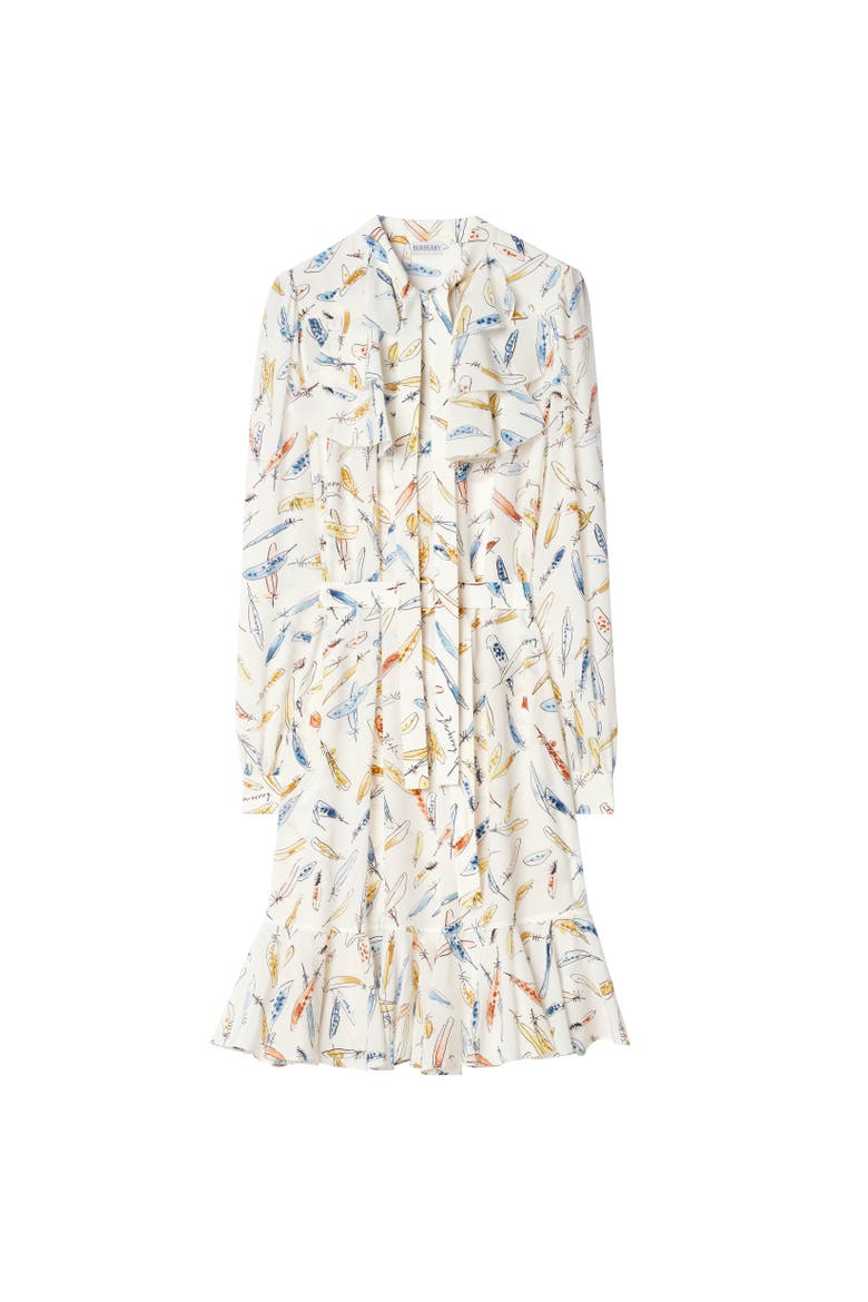 Ruffled Feather Print Silk Dress, Alternate, color, Ink blue