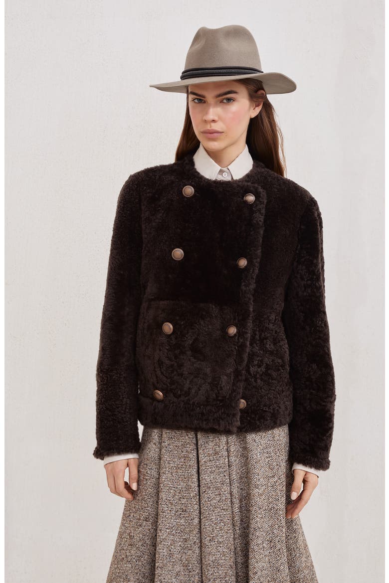 Fuzzy shearling cropped pea coat, Alternate, color, Rust Brown