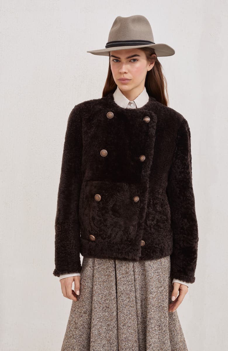 Brunello Cucinelli Fuzzy shearling cropped pea coat, Alternate, color, Rust Brown