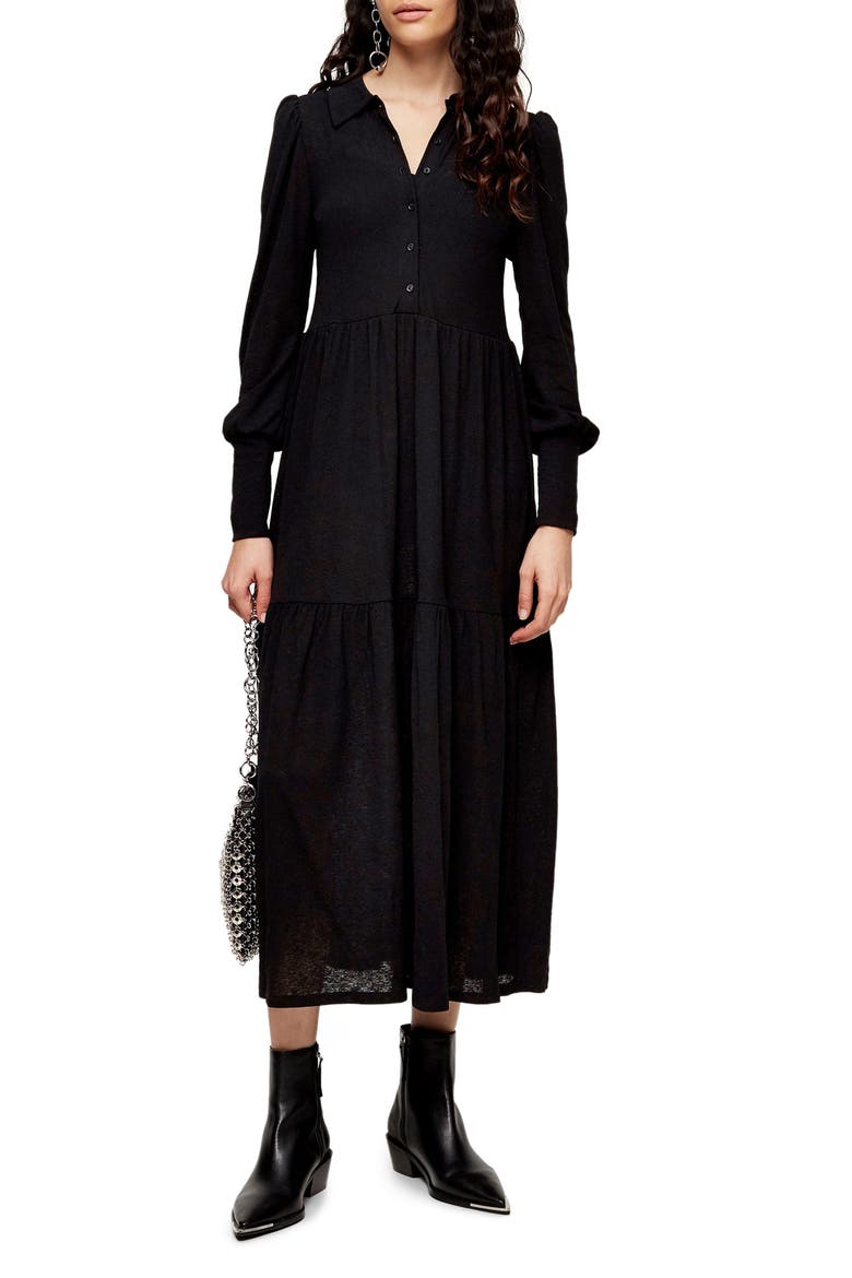 Cardigan Tiered Midi Dress, Main, color, BLACK