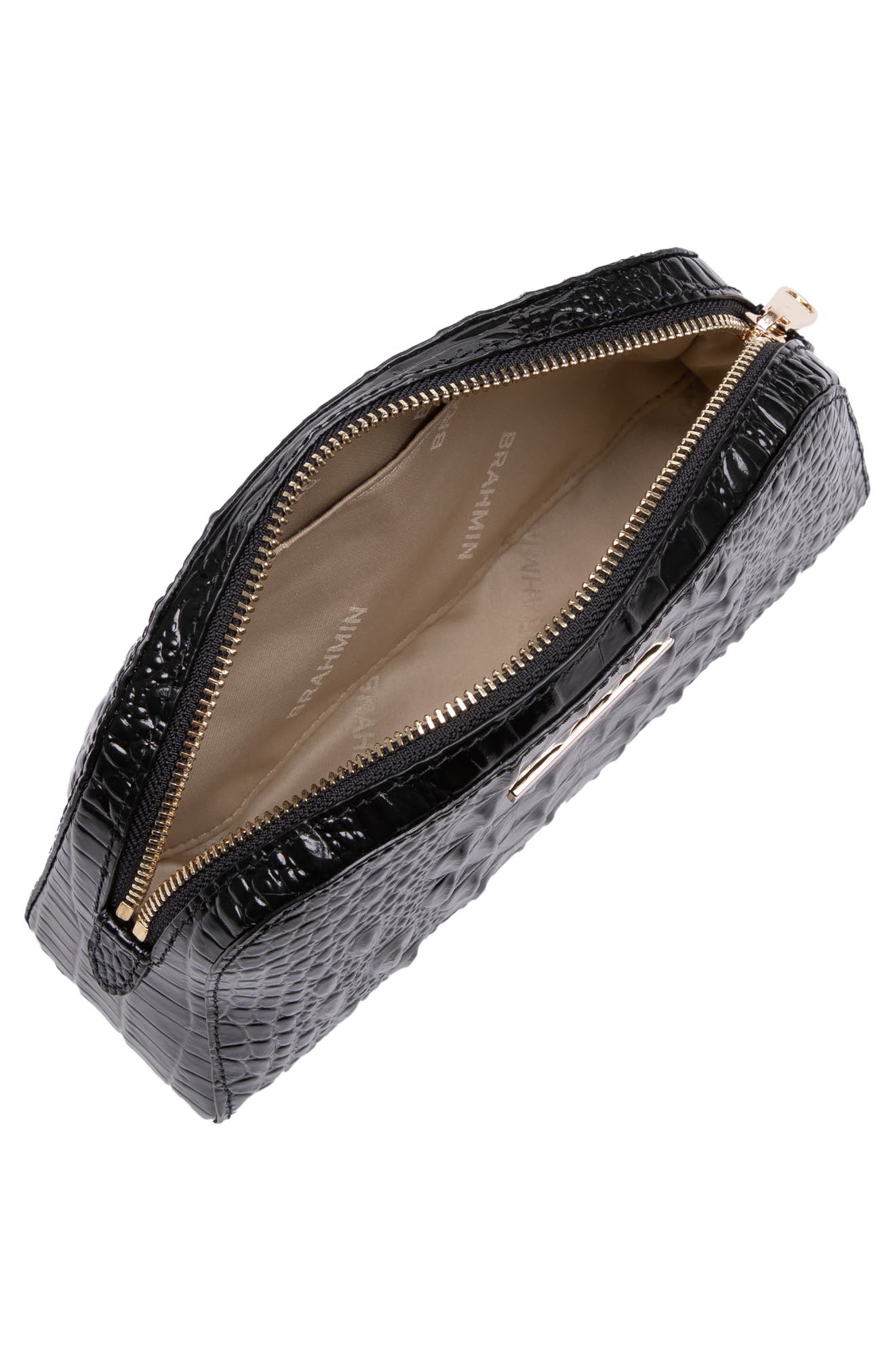 Dany Croc Embossed Leather Cosmetics Pouch, Alternate, color, BLACK