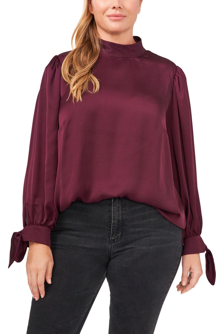 Tie Cuff Satin Top, Main, color, RICH CABERNET