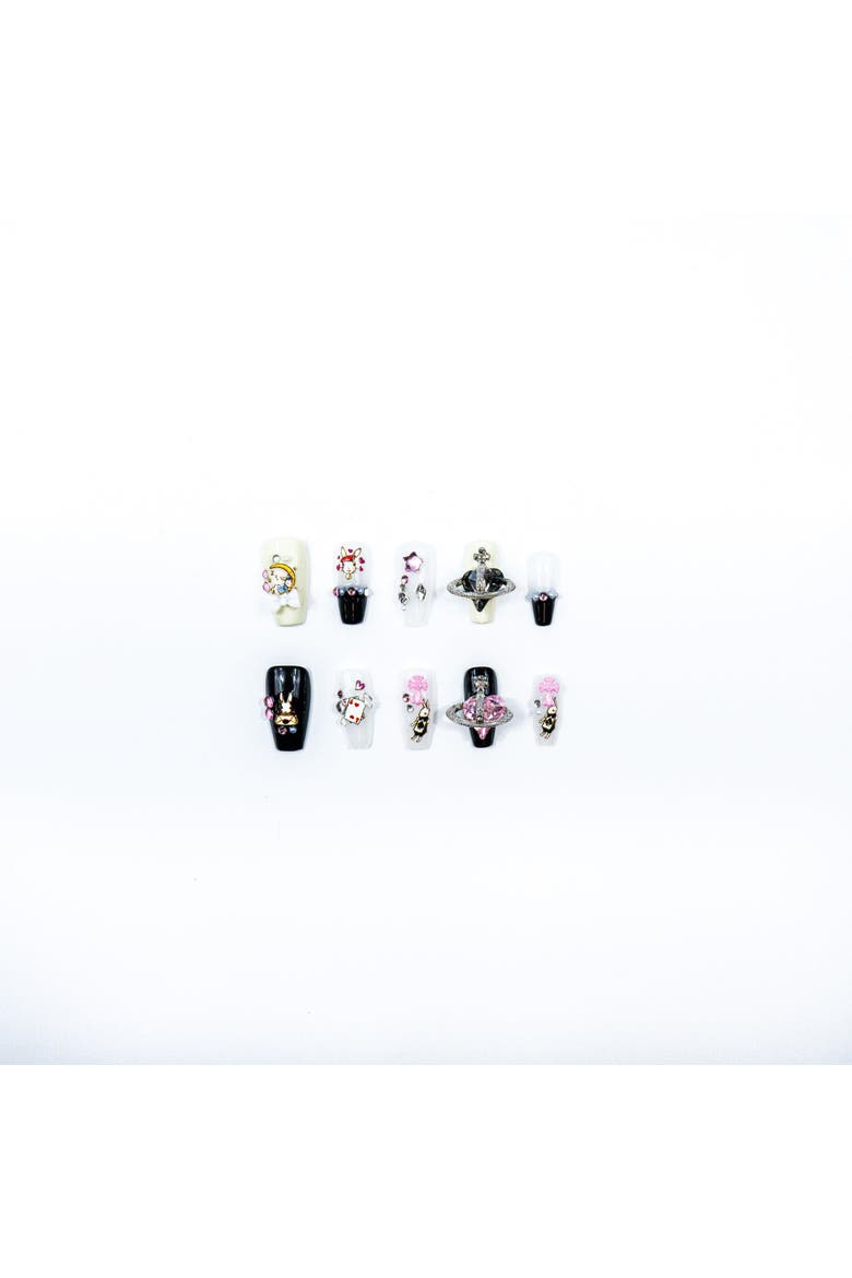 Whimsical Charm Luxury Handmade Press On Nails, Alternate, color, Black, White
