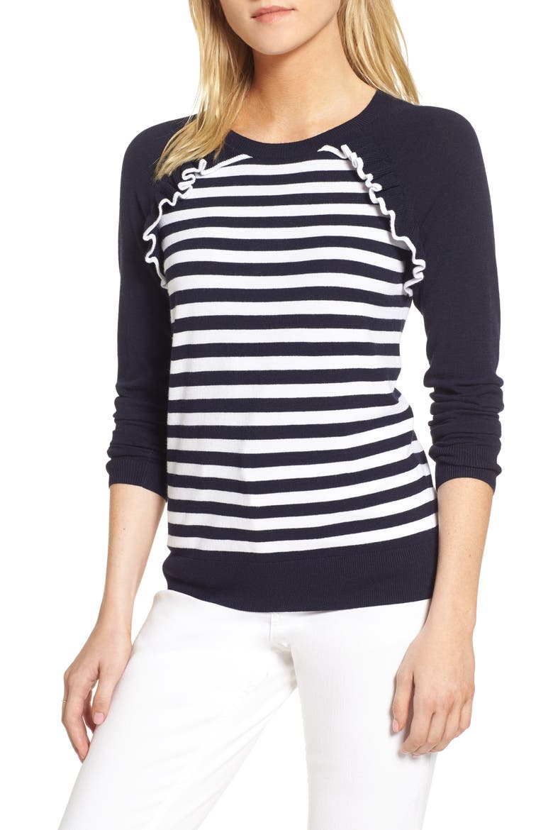 Ruffle Trim Stripe Sweater, Main, color, NAVY- WHITE STRIPE