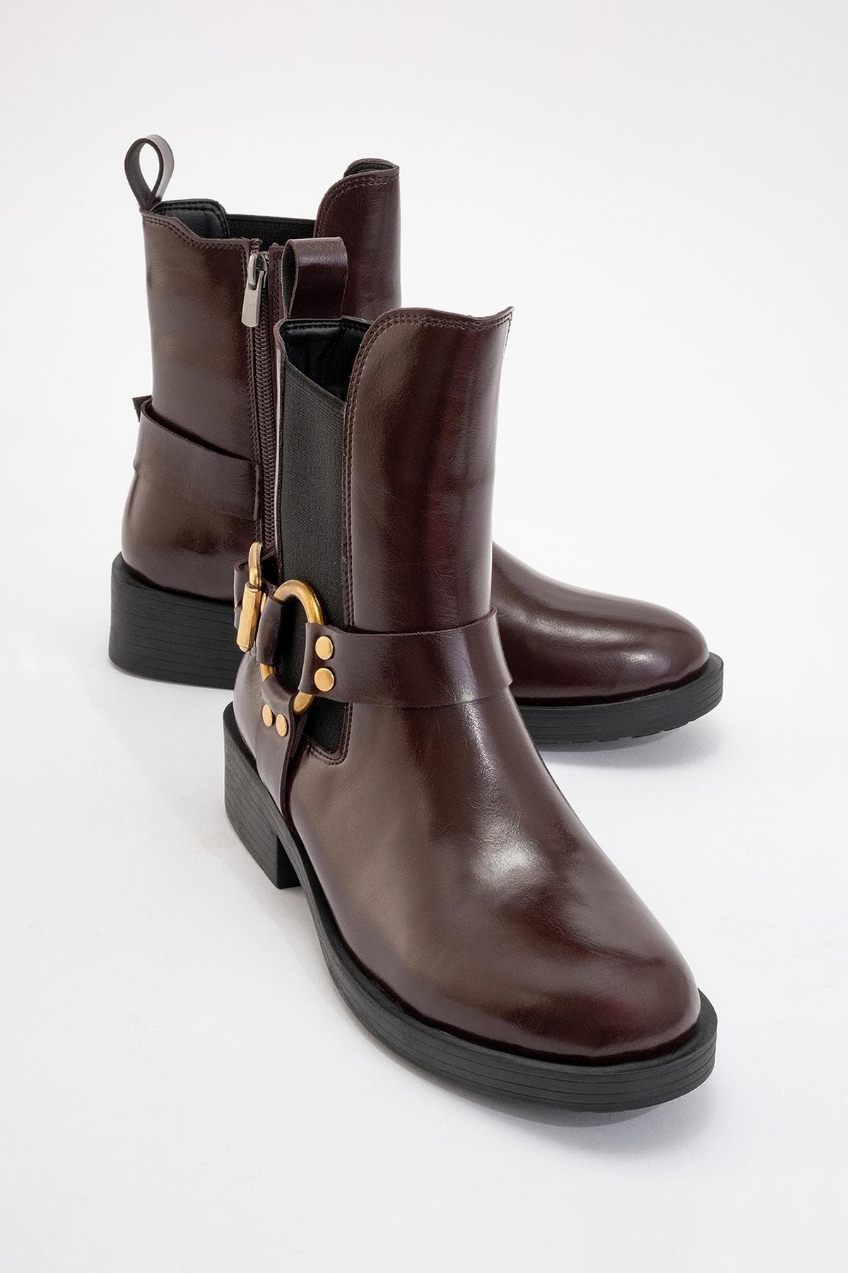 Stone Buckled Zip Ankle Boot, Main, color, Burgundy Faux Leather