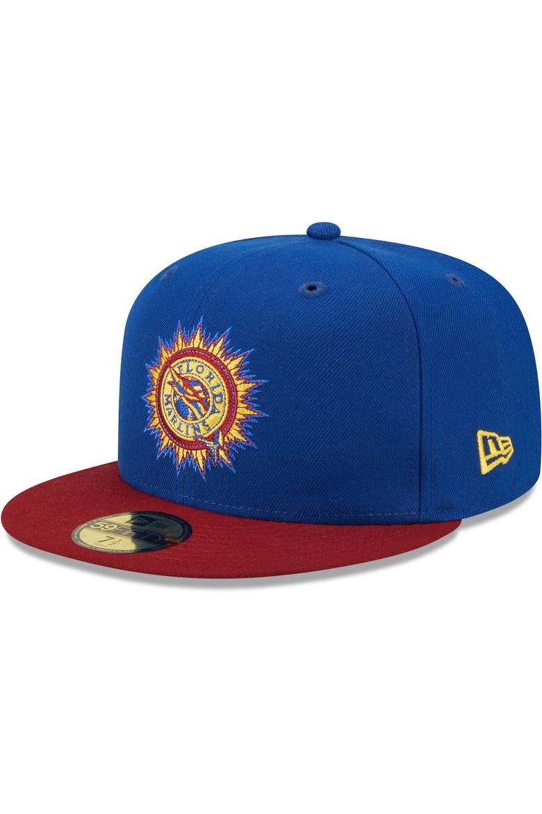Men's New Era Royal/Red Florida Marlins Alternate Throwback Logo Primary Jewel Gold Undervisor 59FIFTY Fitted Hat, Alternate, color, Royal