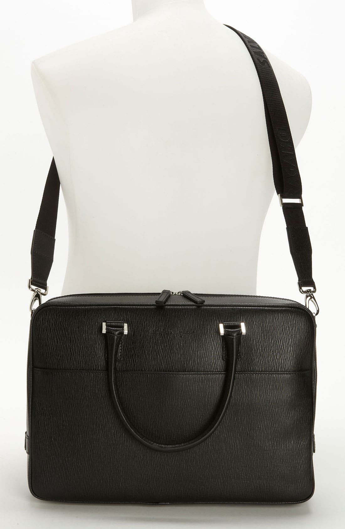 Salvatore Ferragamo Calfskin Briefcase, Alternate, color, NERO