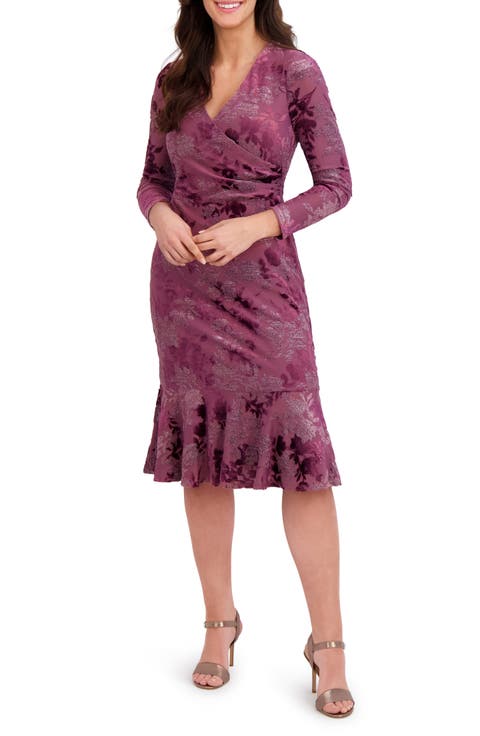 Floral Burnout V-Neck Long Sleeve Faux Wrap Dress