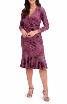 London Times Floral Burnout V-Neck Long Sleeve Faux Wrap Dress