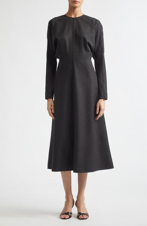 Dolman Long Sleeve Wool Twill Midi Dress