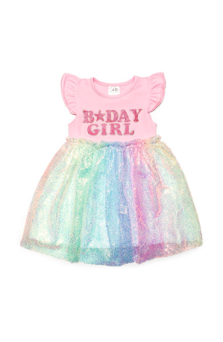 Sweet Wink Birthday Girl Patch Rainbow Ombre Sequin Short Sleeve Tutu Dress, Main, color, 