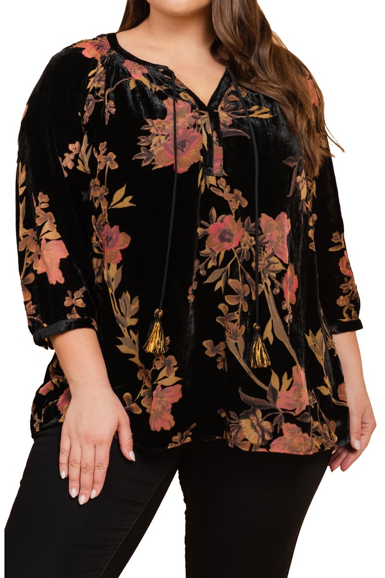 Daniel Rainn Split Neck Velvet Burnout Top, Main, color, H850 BLACK