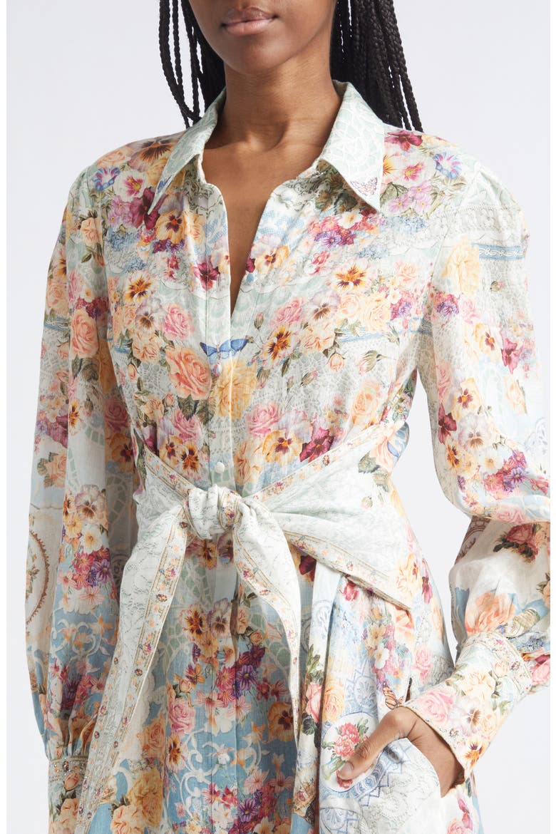 Floral Long Sleeve Waist Tie Linen Shirtdress, Alternate, color, A TASTE FOR LACE