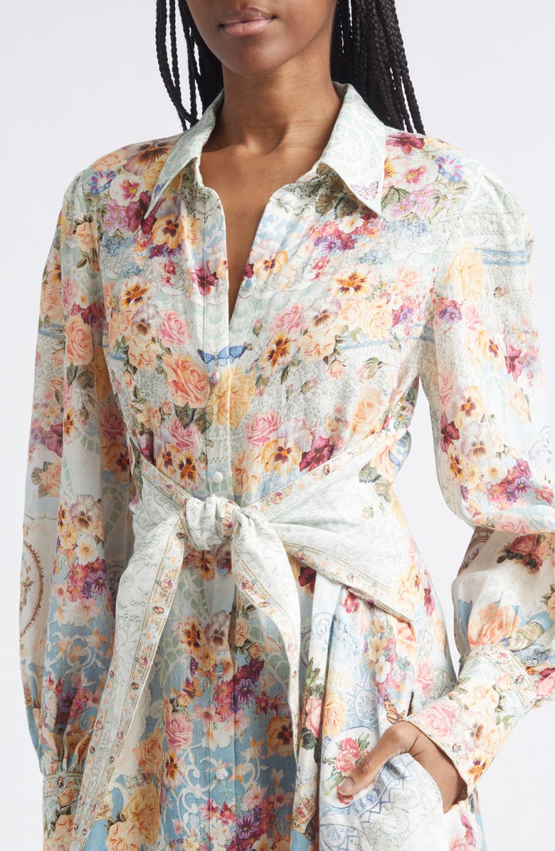 Camilla Floral Long Sleeve Waist Tie Linen Shirtdress, Alternate, color, A Taste For Lace
