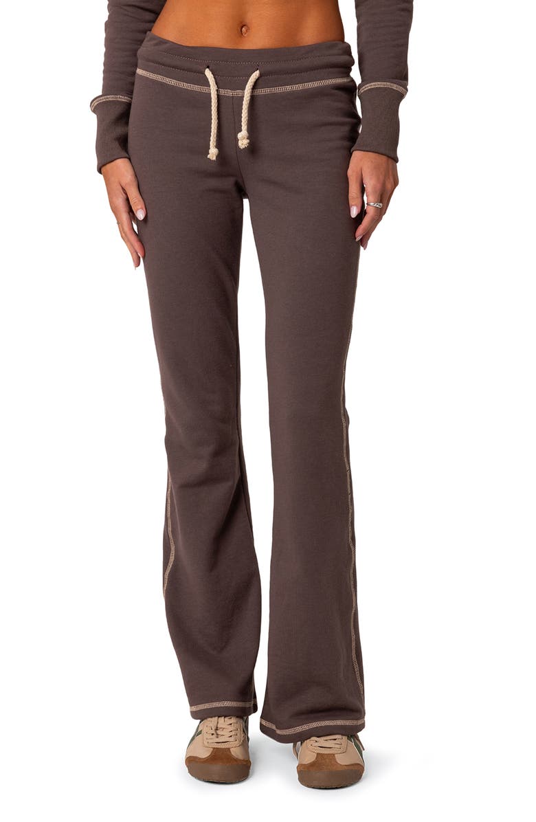 EDIKTED Alexia Low Rise Cotton Sweatpants, Main, color, Brown