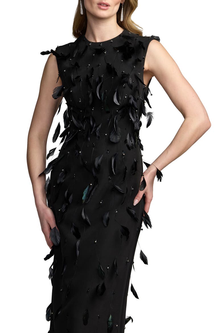 High Neck Sleeveless Feather Embellished Dress, Alternate, color, Black
