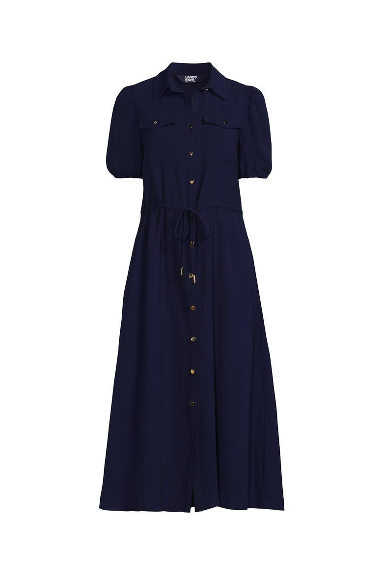 Twill Button Front Fluid Short Sleeve Dress, Alternate, color, Deep Sea Navy