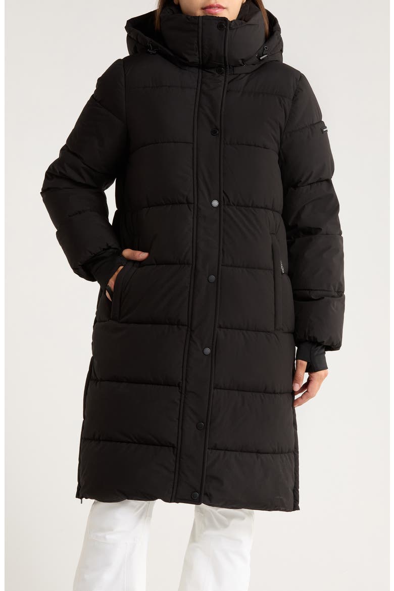 Pillow 3/4 Hooded Longline Puffer Coat, Main, color, BLACK