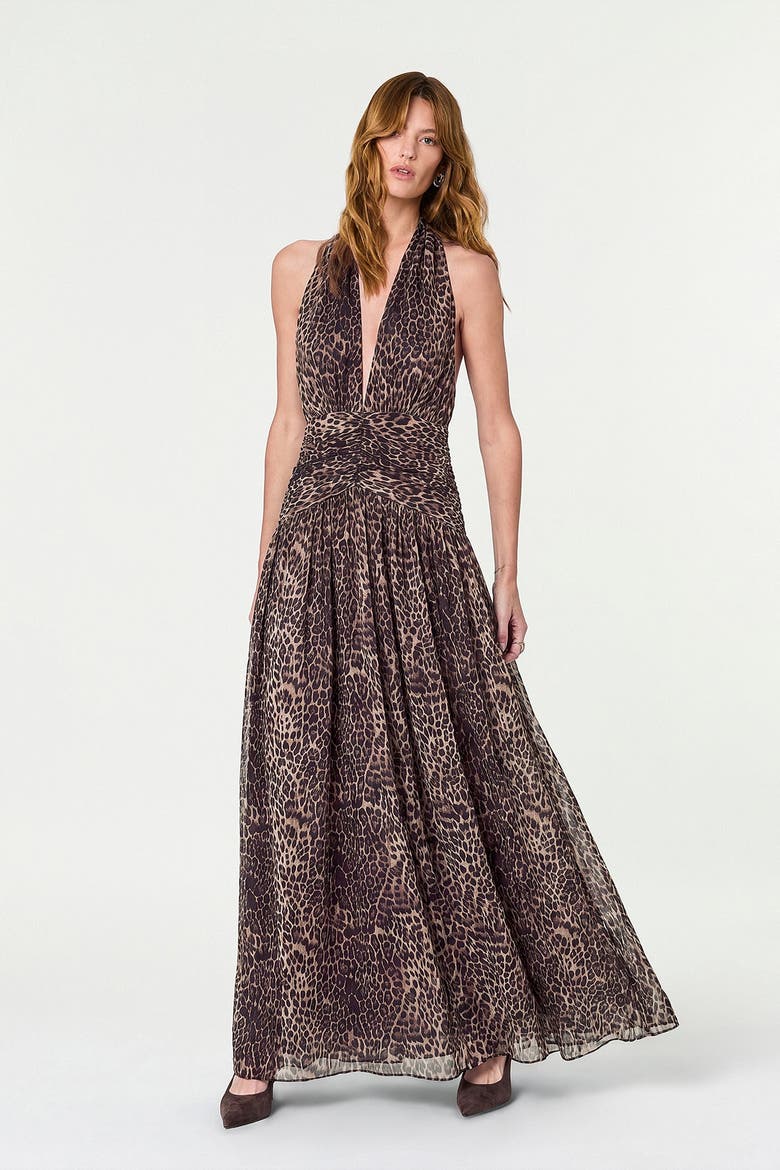 Arella Deep Plunge Printed Halter Maxi Dress, Alternate, color, DESERT LEOPARD