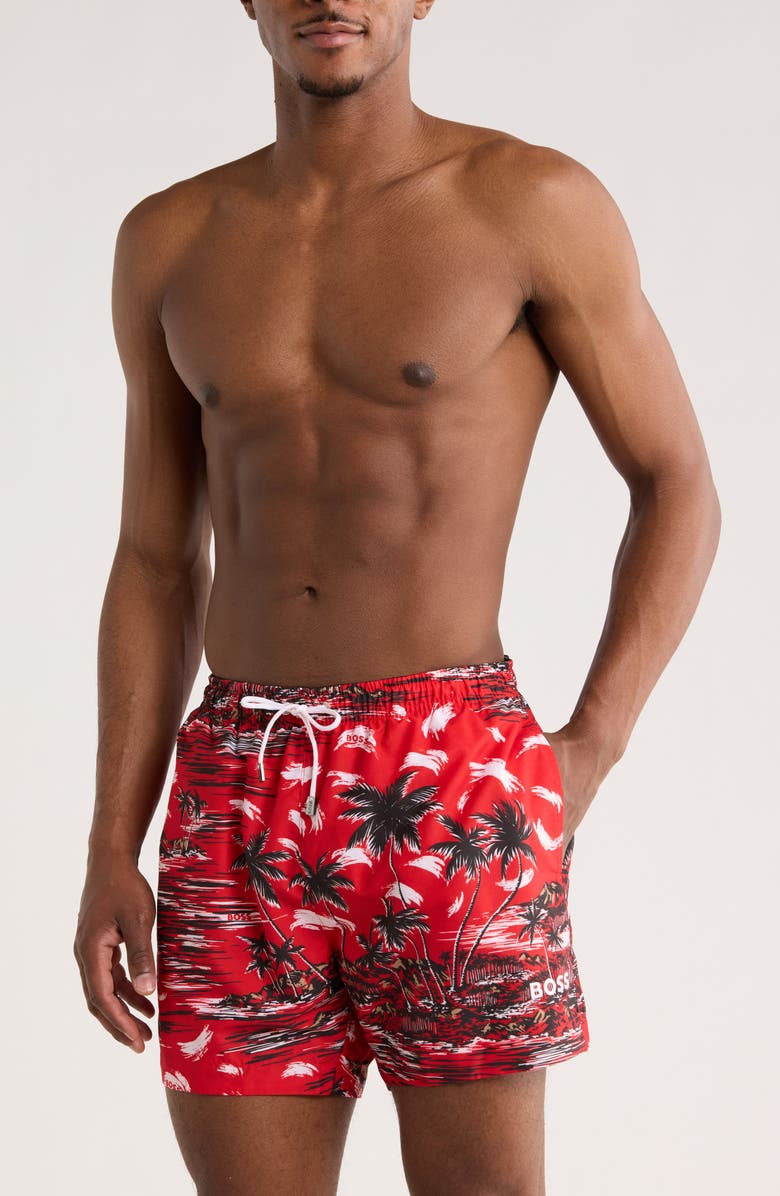 BOSS Springfish Swim Trunks, Main, color, Bright Red