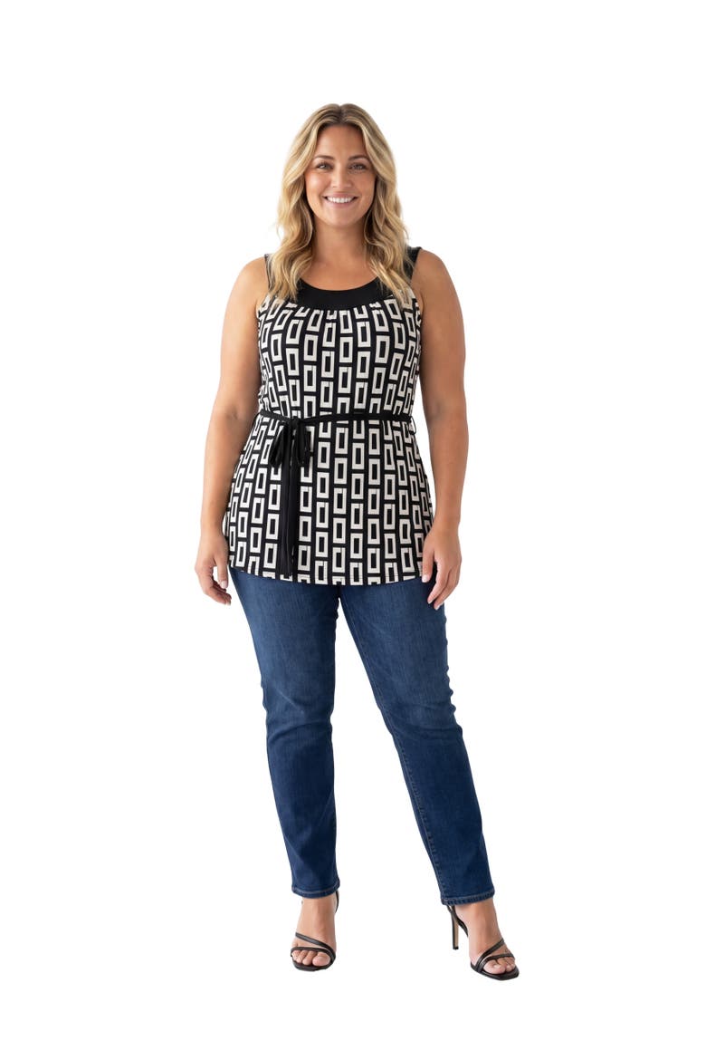 Curvy Essential Geometric Print Scoop Neck Sleeveless Waist Tie Top, Main, color, Black Multi