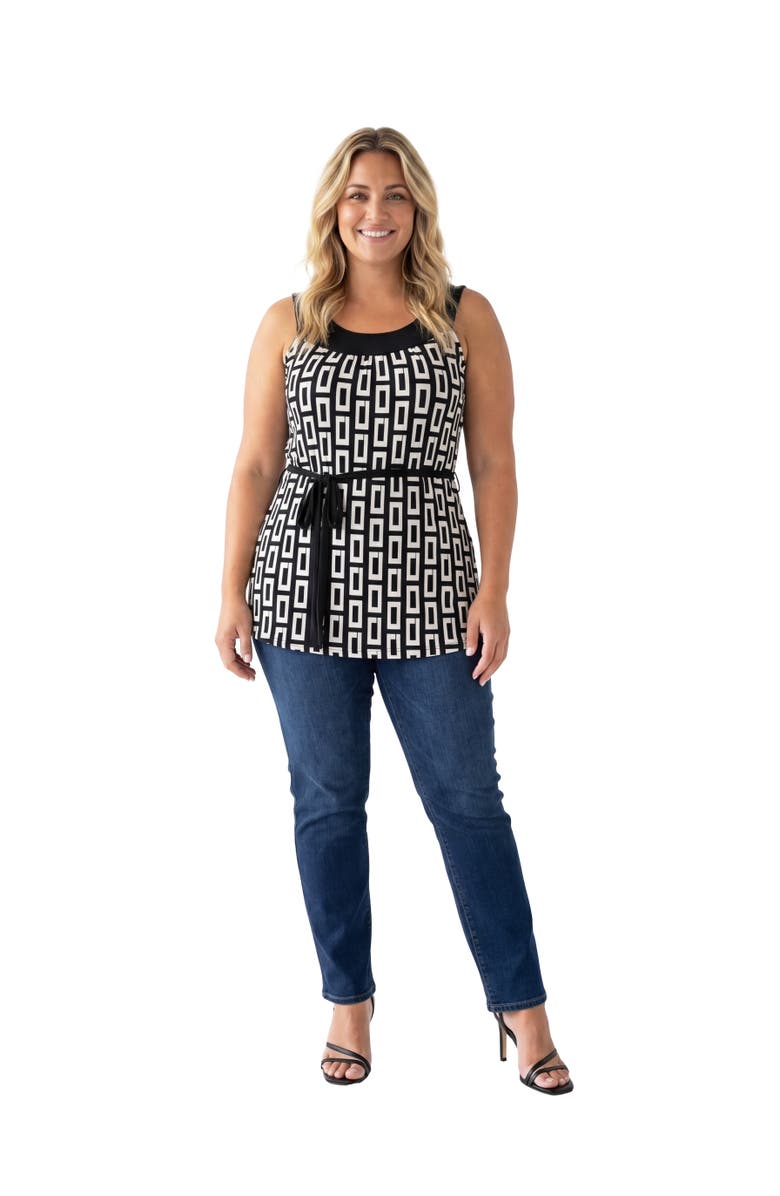 24seven Comfort Apparel Curvy Essential Geometric Print Scoop Neck Sleeveless Waist Tie Top, Main, color, Black Multi