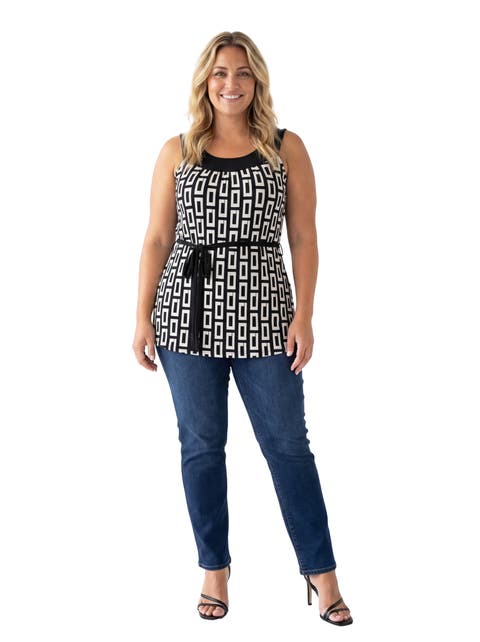 Curvy Essential Geometric Print Scoop Neck Sleeveless Waist Tie Top