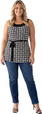 24seven Comfort Apparel Curvy Essential Geometric Print Scoop Neck Sleeveless Waist Tie Top