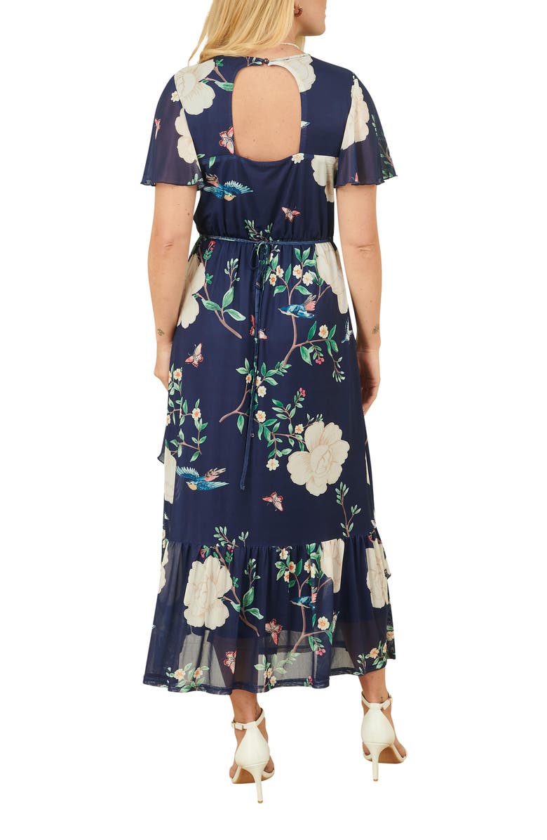 Yumi Mesh Bird And Floral Print Midi Dress, Alternate, color, Navy