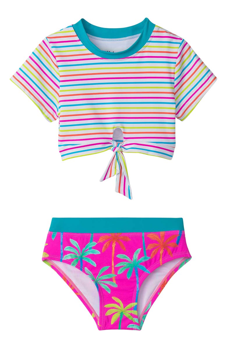 Hatley Kis' Painted Palms Short Sleeve Two-Piece Rashguard Swimsut, Main, color, 