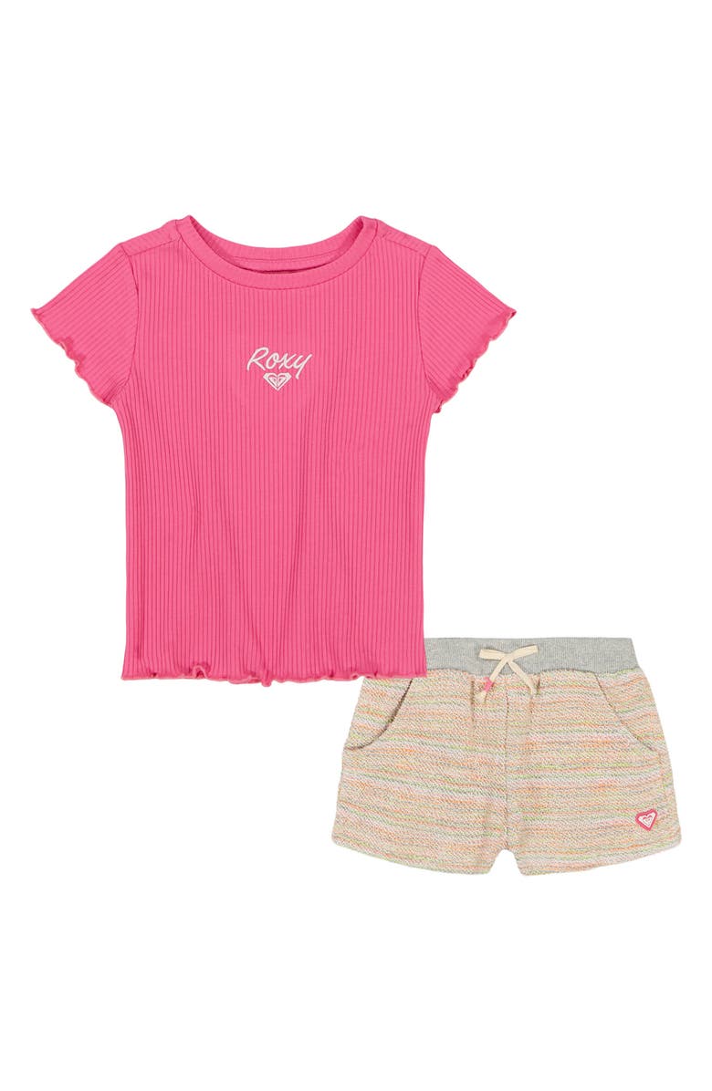 Roxy Kids' Rib Knit T-Shirt & Stripe Shorts Set, Main, color, 