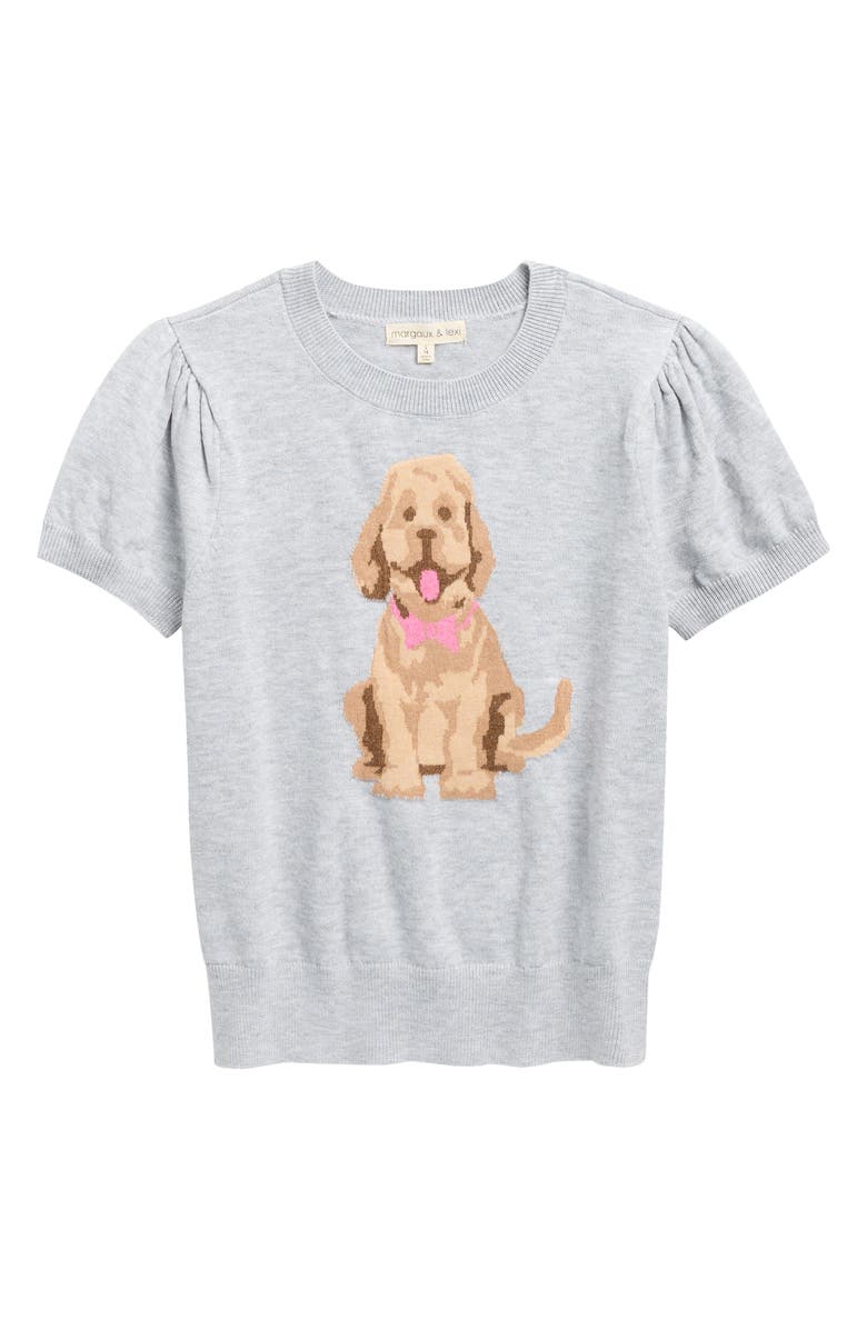 MARGAUX AND LEXI Kids' Dog Jacquard Short Sleeve Sweater, Main, color, Light Heather Grey