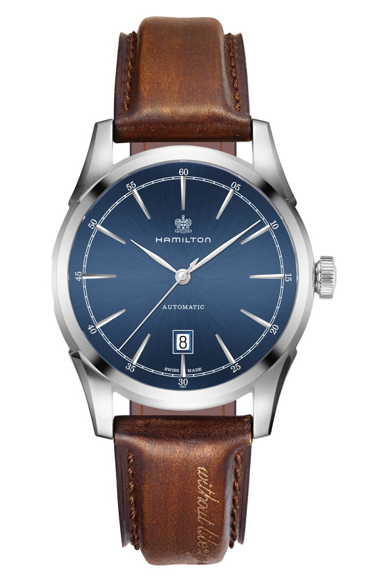 Spirit of Liberty Automatic Leather Strap Watch, 42mm, Main, color, BROWN/NAVY/SILVER
