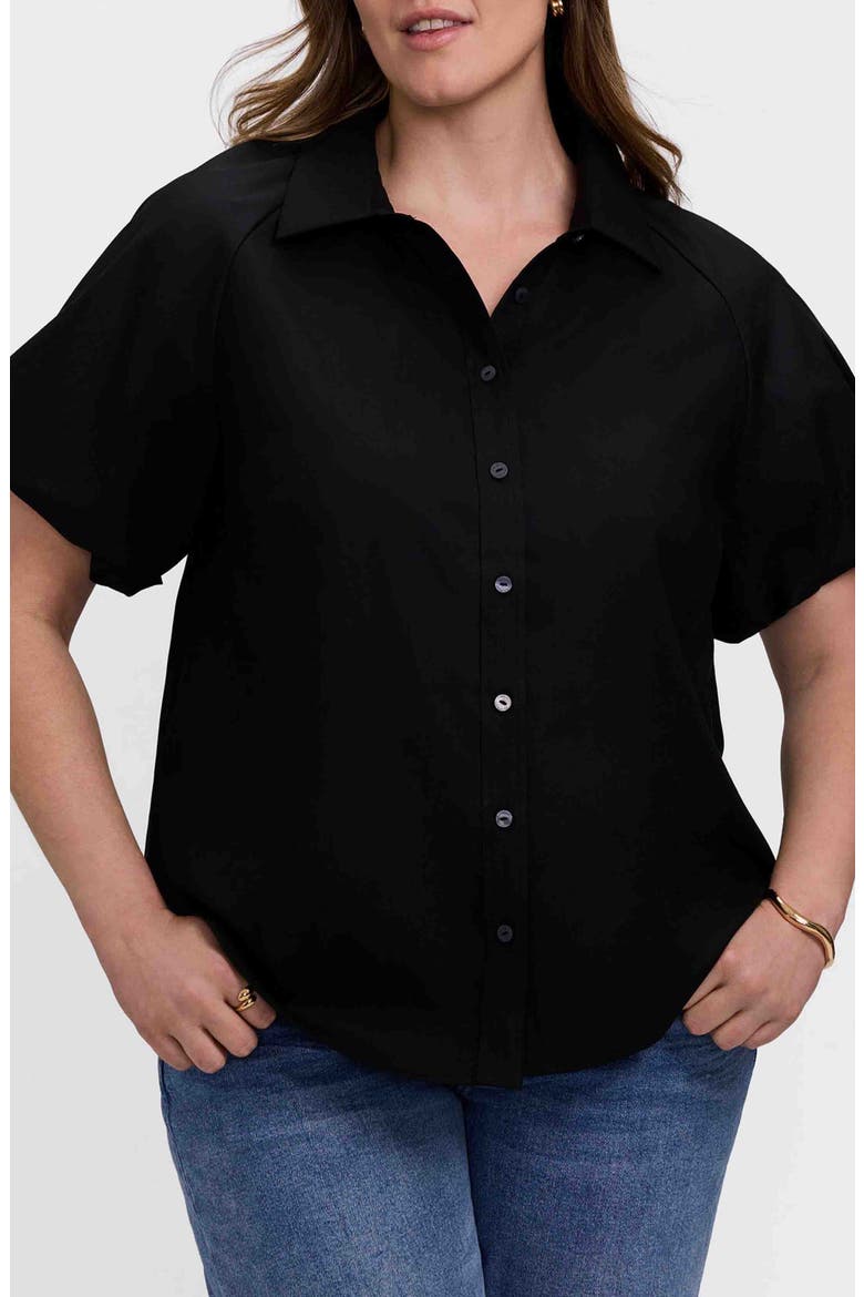Paula Puff Sleeve Cotton Blend Button-Up Shirt, Main, color, BLACK