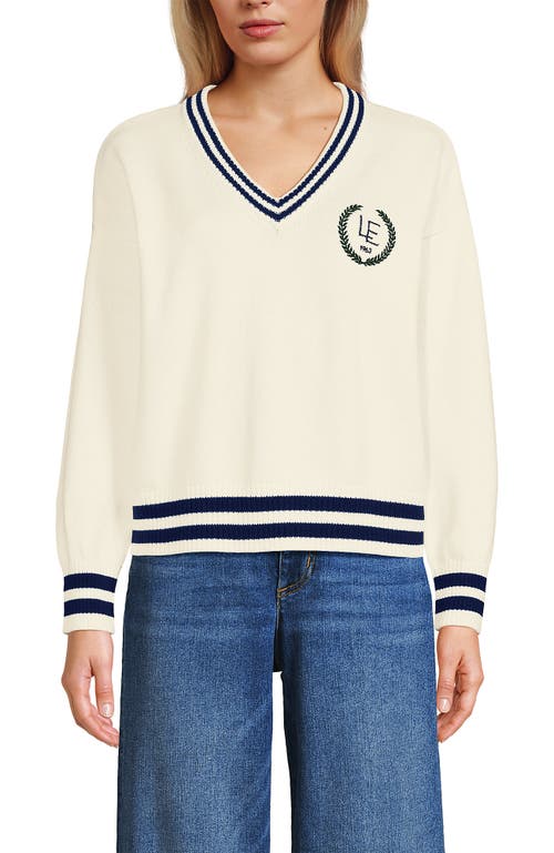 Lands' End Cotton Drifter Shaker V-neck Sweater In Fresh Ivory Navy Tipping