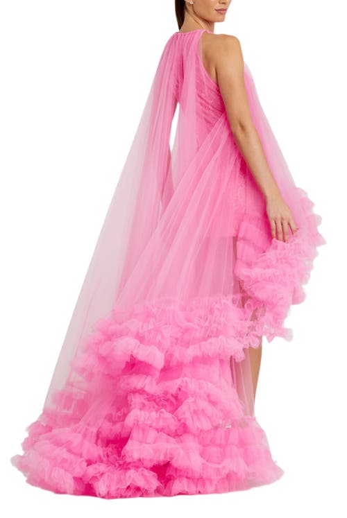 Mac Duggal Tulle High Neck Sleeveless Ruffled Hem Hi-lo Gown In Hot Pink
