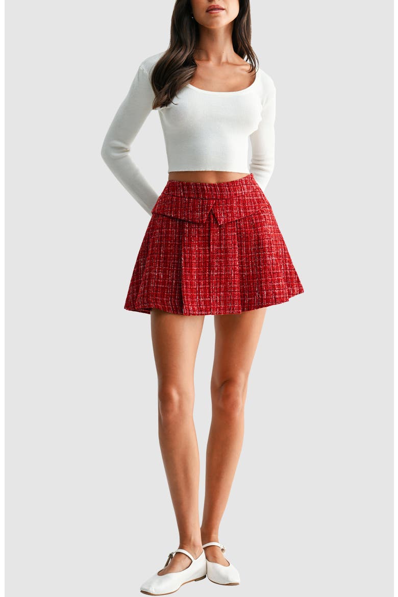 Pleated Tweed Miniskirt, Alternate, color, DEEP RED