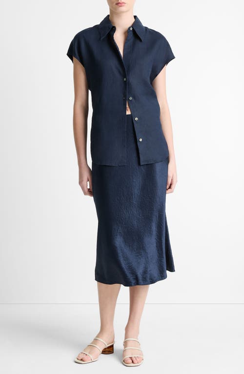 Vince Cap-sleeve Linen Button-front Blouse In Coastal Blue