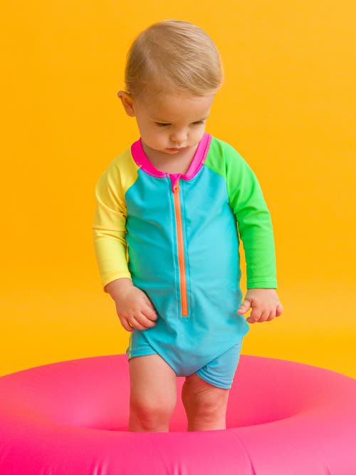 Ruggedbutts Boys Long Sleeve One Piece Rash Guard In Neon Color Block