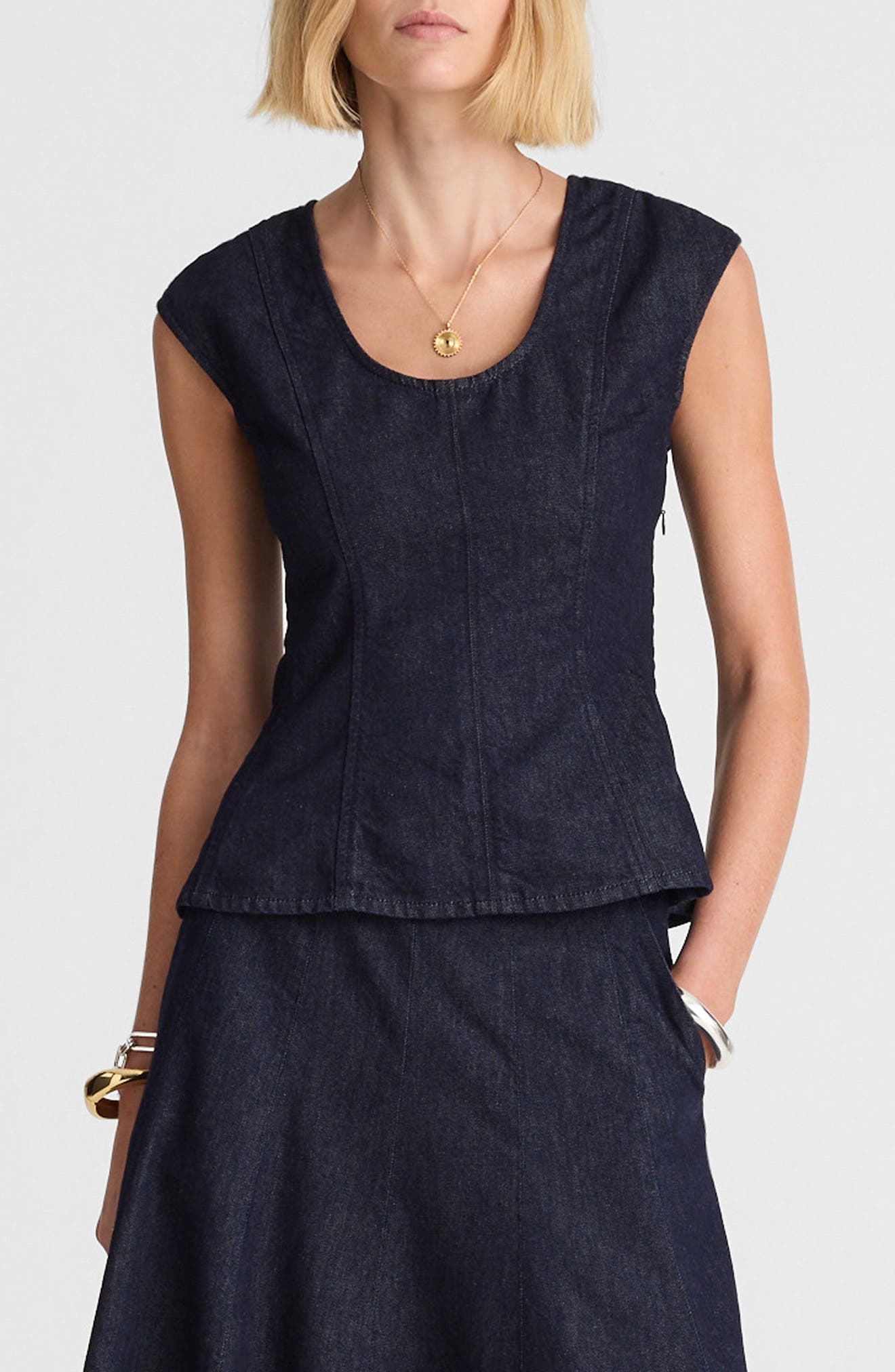 Seamed Scoop Neck Denim Top