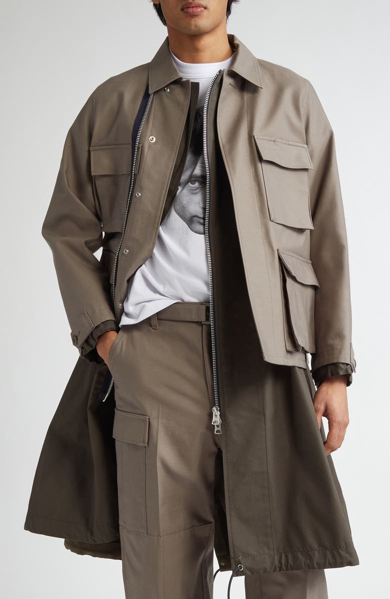 Sacai x WTAPS<sup>®</sup> Layered Mixed Media Coat, Main, color, Taupe/ Dark Khaki