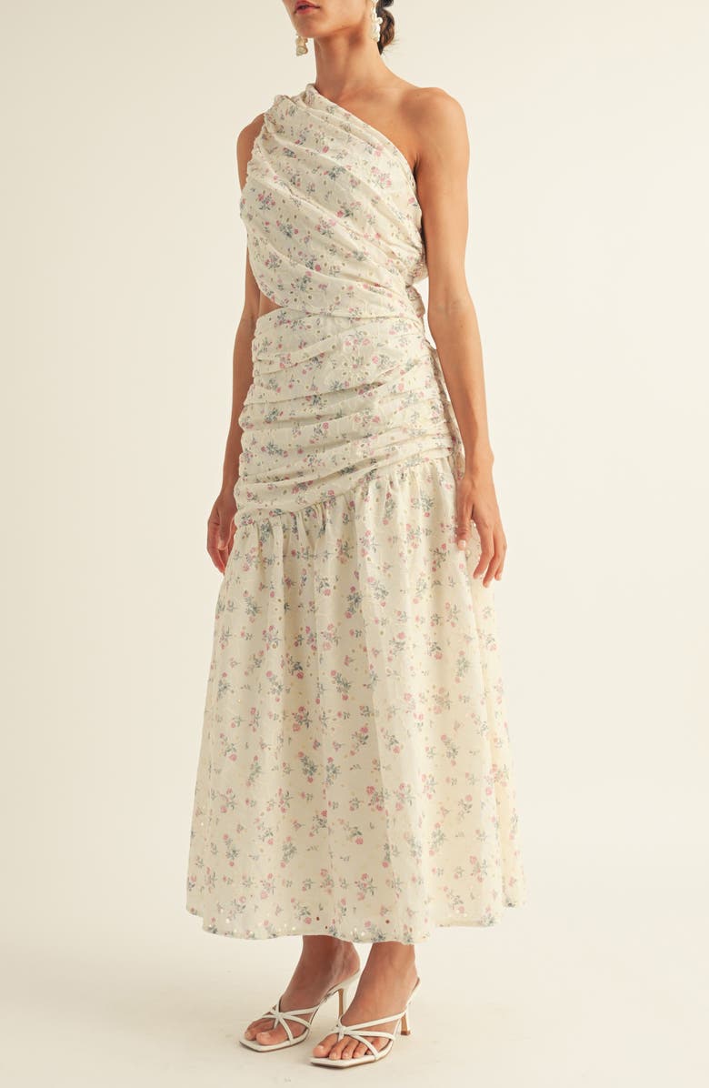 Arose Studio Soleil Eyelet Cutout One-Shoulder Maxi Dress, Alternate, color, Cream Multi