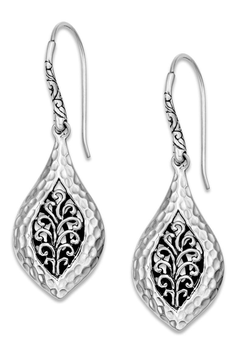 Sterling Silver Filigree Hammered Marquise Drop Earrings, Main, color, SILVER