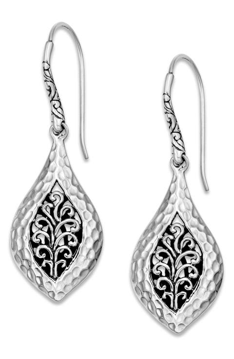 Sterling Silver Filigree Hammered Marquise Drop Earrings