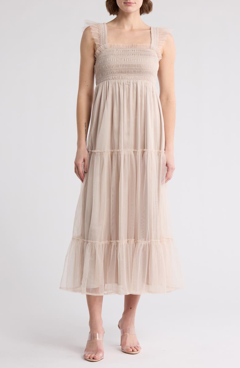 WISHLIST Ruffle Tulle Overlay Tiered Maxi Dress, Main, color, 