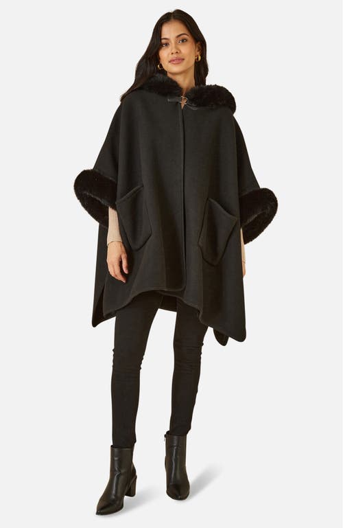 Yumi Hooded Fur Cape Jacket In Black
